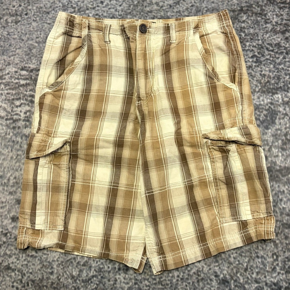 No Boundaries Plaid Cargo Shorts Mens 32 Tan Brown Grunge Skater VTG Y2K